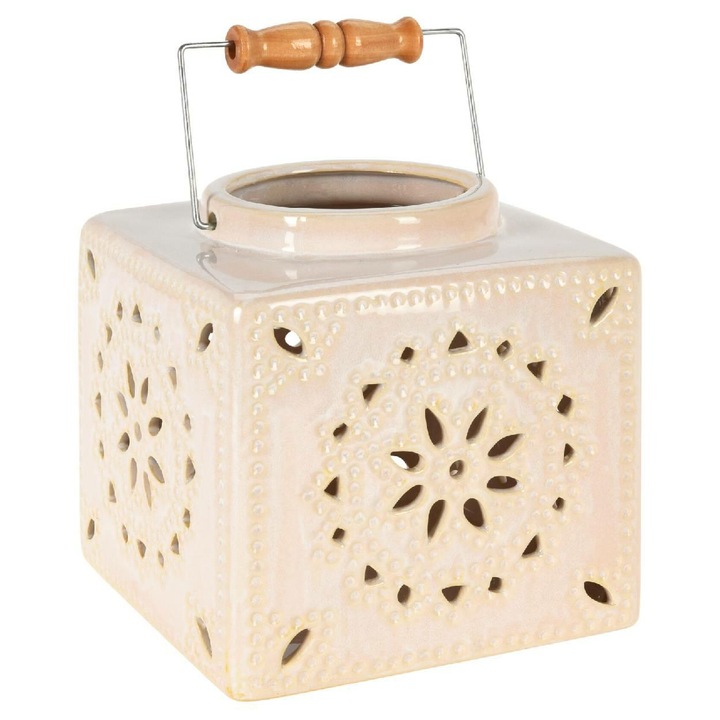 Lanterna Ceramica, H&S Decoration, Design Rustic, Model Simetric De Taieturi, Manere Din Lemn, Ideala Pentru Lumani Tealight Sau Lumini LED, 16.5 x 16.5 x 16 Cm, Bej