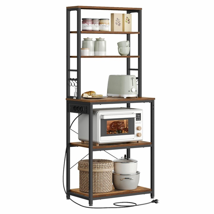 Кухненски рафт, Songmics, 6 нива, страничен бар с 3 гнезда, регулируеми крака, стоманена рамка и MDF плоскост, идеален за малки кухни, регулируем рафт, 40x60x167 см