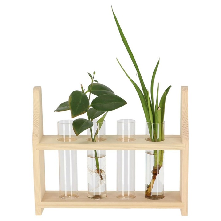 Suport Pentru Flori, Esschert Design, Lemn Natural, 4 Tuburi Din Sticla, Ideal Pentru Expunerea Florilor Si Inradacinarea Plantelor, Perie De Curatat Inclusa, Se Potriveste In Interioare Minimaliste
