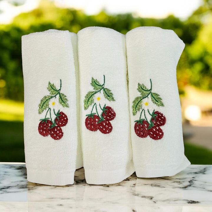 Set 12 Prosoape, Bumbac/Catifea, Tip Batista, 30 x 30 cm, Alb / Rosu cu Capsuni Brodate