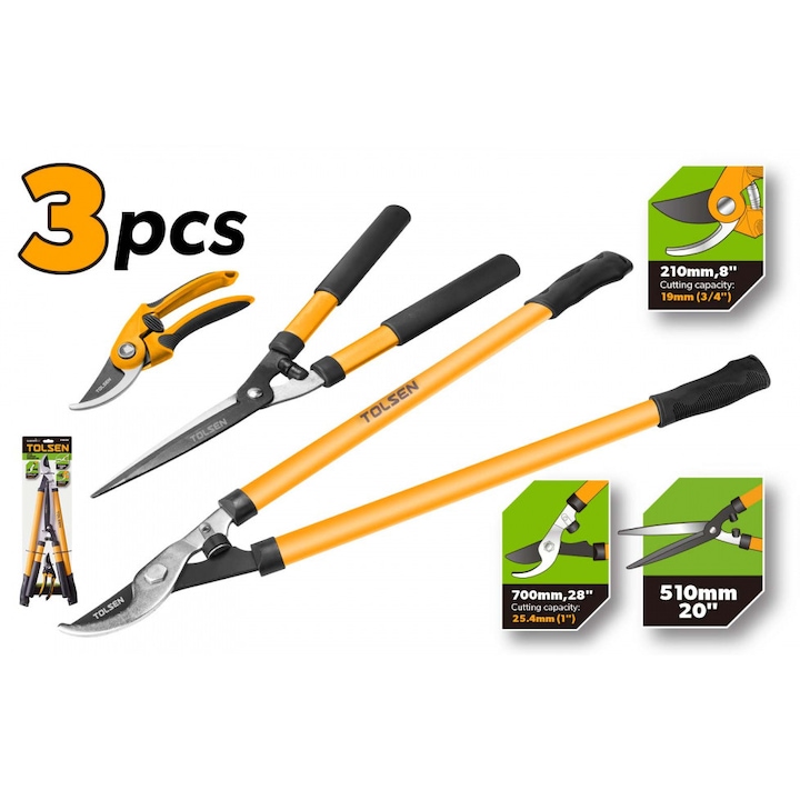Set 3 foarfeci GARDENEST by TOLSEN gradina: bypass crengi 700mm, gard viu 510mm, taiere ramuri 210mm, lame otel carbon cu teflon, manere PVC, taiere precisa si usoara, tratament termic, constructie rezistenta la uzura, gradinarit si intretinere gradina