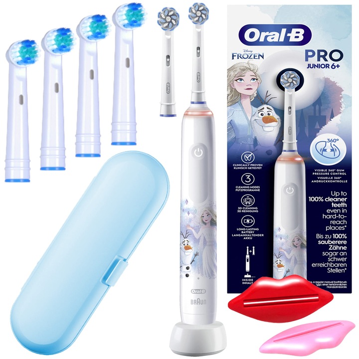 Комплект, електрическа четка за зъби Oral-B Pro 3 Junior Frozen, 4 съвместими накрайника, калъф за пътуване, дозатори за паста за зъби