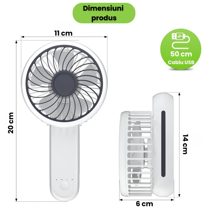 Преносим сгъваем USB вентилатор HASEPE, 3 скорости, въртене на 180°, диаметър 21 см, компактен, безшумен, идеален за офис, плаж, пътуване, бял