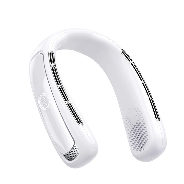 Вентилатор за врата, преносим, 5 скорости, 4000mAh, регулиране на ъгъла на 180°, LED дисплей, бял