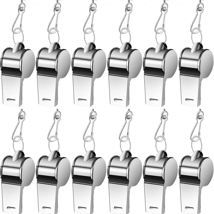 Set 12 fluier din otel inoxidabil cu sfori, 9x6x2cm, pentru antrenori si sportivi