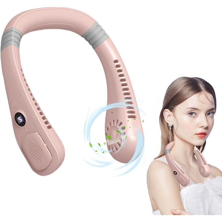 Преносим вентилатор за врата Aurov®, 3 скорости, лек и безшумен, USB, ергономичен дизайн, дълъг живот на батерията, идеален за пътуване, разходки, спорт или дейности на открито, розов