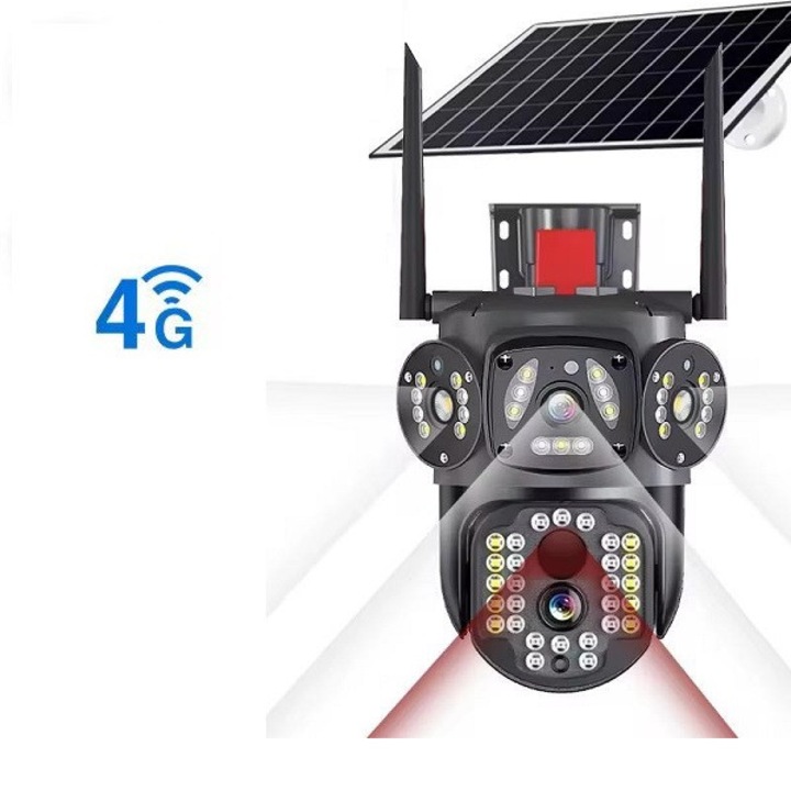 Camera de supraveghere dubla, panou solar, 4G SIM Slot, 4+4 MP HD, 355°, alarma, senzor de miscare, vedere nocturna led ir, microfon, Miromoto®