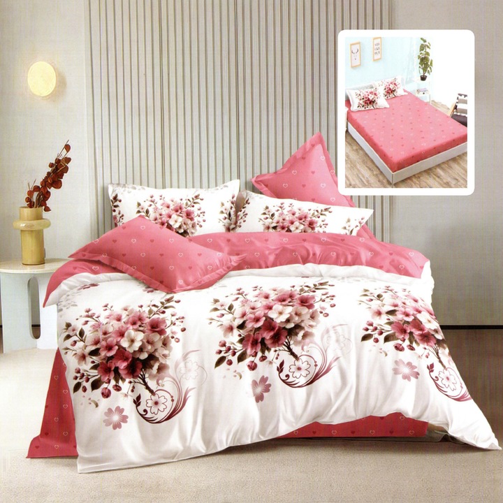 Спално бельо, от фин памук, модел "Киара", с принт, от 6 части с калъфка, долен чаршаф с ластик, Бял / Розов