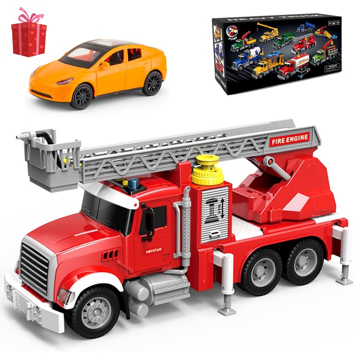 Interaktív tűzoltóautó, tűzoltó mentőjármű, nagy játék, forgó és kihúzható létrával, villogó fénnyel és hangokkal, kézzel működtetett mozgó kerekekkel, 3 éves kortól, ajándékok gyerekeknek, születésnapi, karácsonyi ajándék, piros