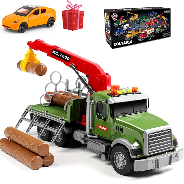 Jucarii pentru copii pentru baieti 3, 4, 5, 6, 7 ani, jucarie mare, Camion mare de cherestea 15", camion de transport, cu macara de incarcare si 6 grinzi de sprijin, cu roadster, cadouri pentru copii mici, Ziua de nastere, Cadou de Craciun, Verde