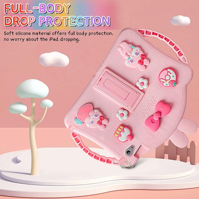 Husa de protectie pentru iPad 11/10, 9 inch, generatia 11/10, 2025/2022, cu manere, curea de umar reglabila, stand pliabil, din silicon, cu breloc unicorrn, model iepure, roz