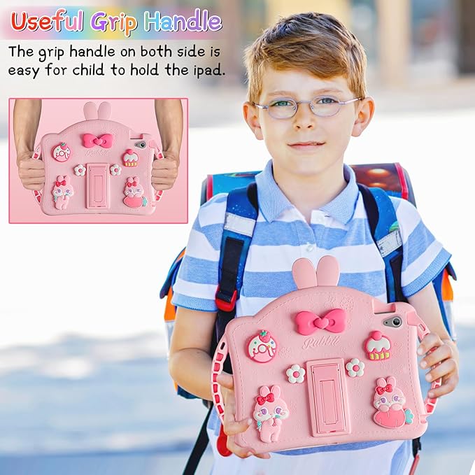 Husa de protectie pentru iPad 11/10, 9 inch, generatia 11/10, 2025/2022, cu manere, curea de umar reglabila, stand pliabil, din silicon, cu breloc unicorrn, model iepure, roz