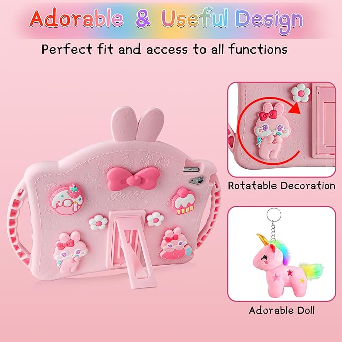 Husa de protectie pentru iPad 11/10, 9 inch, generatia 11/10, 2025/2022, cu manere, curea de umar reglabila, stand pliabil, din silicon, cu breloc unicorrn, model iepure, roz
