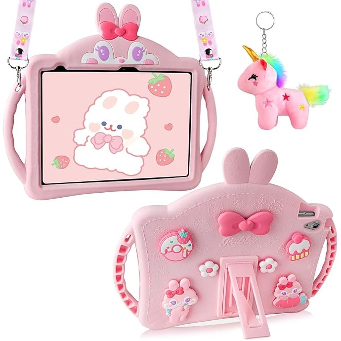 Husa de protectie pentru iPad 11/10, 9 inch, generatia 11/10, 2025/2022, cu manere, curea de umar reglabila, stand pliabil, din silicon, cu breloc unicorrn, model iepure, roz