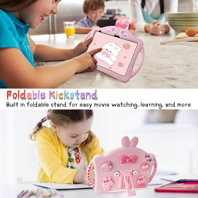 Husa de protectie pentru iPad 11/10, 9 inch, generatia 11/10, 2025/2022, cu manere, curea de umar reglabila, stand pliabil, din silicon, cu breloc unicorrn, model iepure, roz