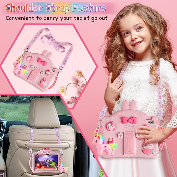 Husa de protectie pentru iPad 11/10, 9 inch, generatia 11/10, 2025/2022, cu manere, curea de umar reglabila, stand pliabil, din silicon, cu breloc unicorrn, model iepure, roz