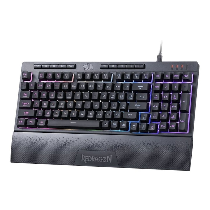 Tastatura gaming Redragon Shiva cu membrana, iluminare RGB, 98 de taste, palmrest magnetic, cu fir, taste multimedia, taste MACRO, Negru