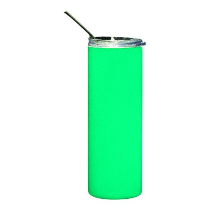Cana Termos, Cu Capac si Pai Reutilizabil, Schimbare Culoare in Intuneric, Inox, Capacitate 600ml, Alb-Verde Fosforescent