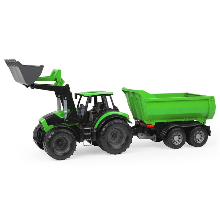 Jucarie pentru copii, Tractor cu remorca Deutz-Fahr Lena, din plastic, 76 cm lungime, remorca functionala, verde
