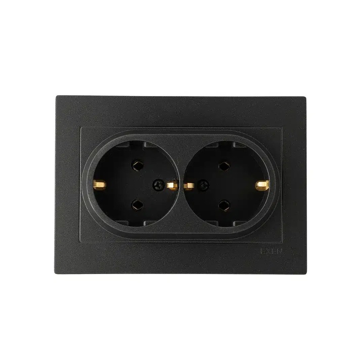 Priza dubla incastrata Exen, 16A, 250V, SCHUKO, negru, 12x8.5cm