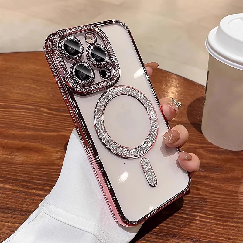 Husa de telefon incrustata cu diamante pentru Apple iPhone 16, cu margini decorate cu diamante, compatibila cu incarcarea wireless MagSafe, carcasa magnetica TPU, roz
