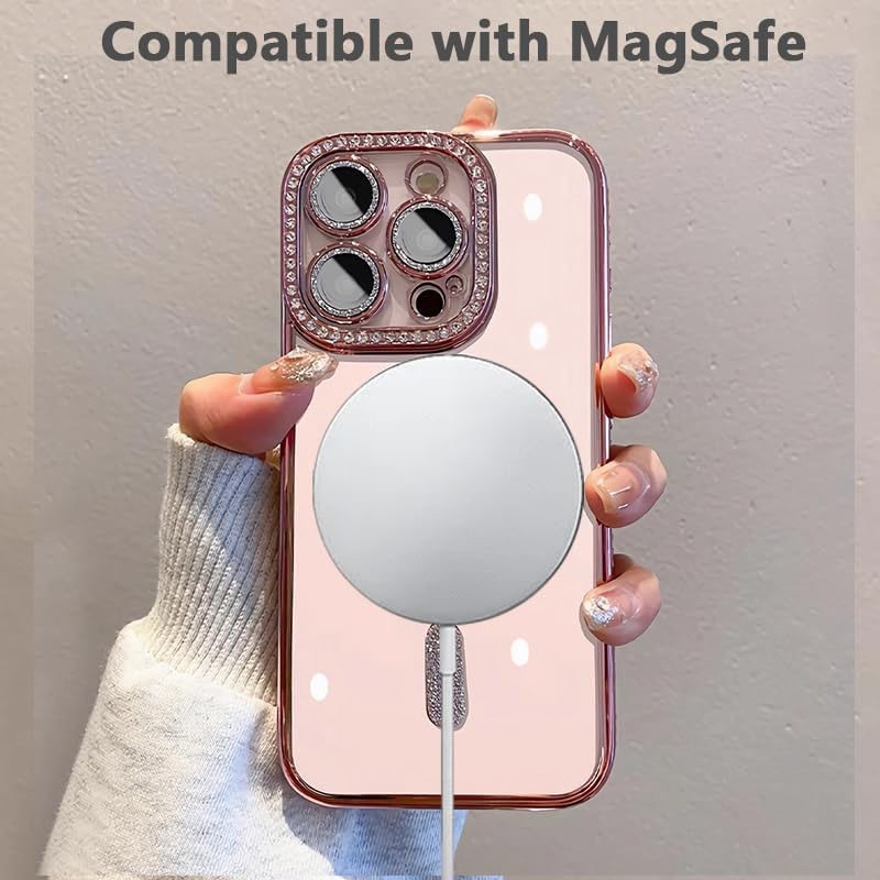 Husa de telefon incrustata cu diamante pentru Apple iPhone 16, cu margini decorate cu diamante, compatibila cu incarcarea wireless MagSafe, carcasa magnetica TPU, roz