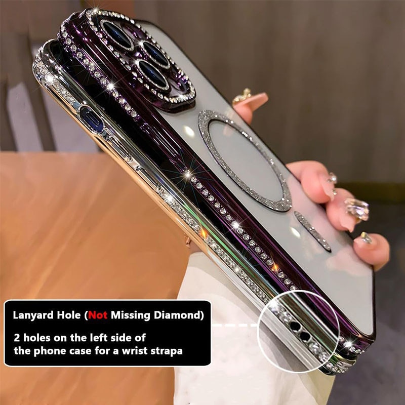 Husa de telefon incrustata cu diamante pentru Apple iPhone 16, cu margini decorate cu diamante, compatibila cu incarcarea wireless MagSafe, carcasa magnetica TPU, roz