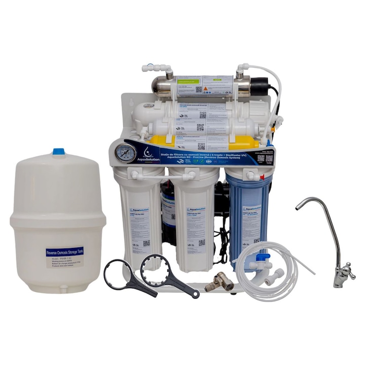 Filtru apa cu osmoza inversa 6 trepte, 0.0001 microni, pompa si sterilizator UV 6W – AquaSolution UF-ProLine + Baterie cu rozeta apa filtrata