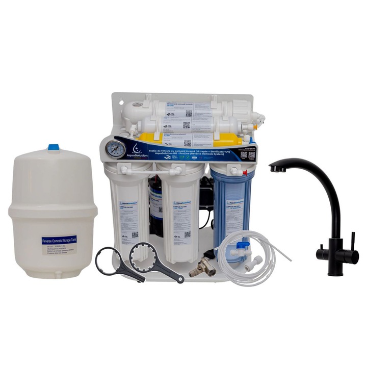Filtru apa cu osmoza inversa 6 trepte, 0.0001 microni cu pompa de presiune – AquaSolution RO-ProLine + Baterie 3 cai, Curve inox 304 negru mat