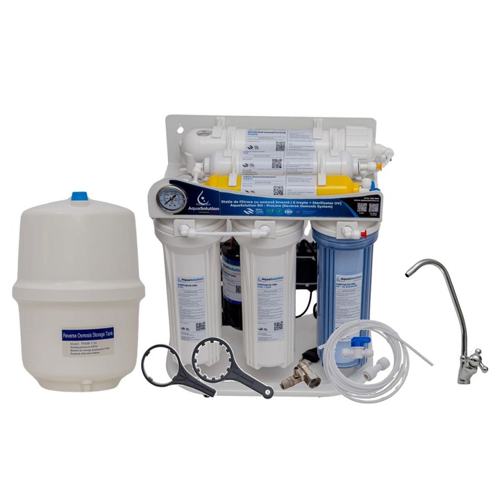 Filtru apa cu osmoza inversa 6 trepte, 0.0001 microni cu pompa de presiune – AquaSolution RO-ProLine + Baterie cu rozeta apa filtrata