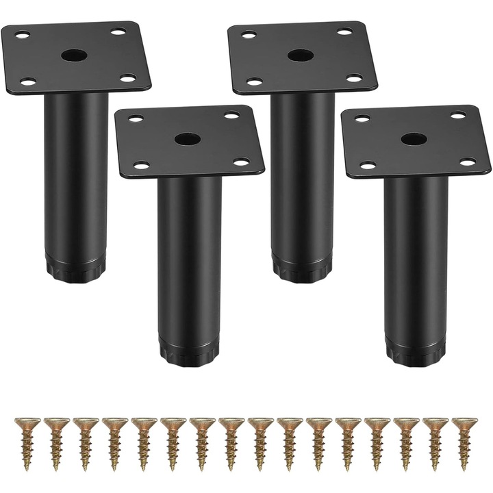 Picioare reglabile pentru mobilier, metal, set 4 buc, negru, 10cm