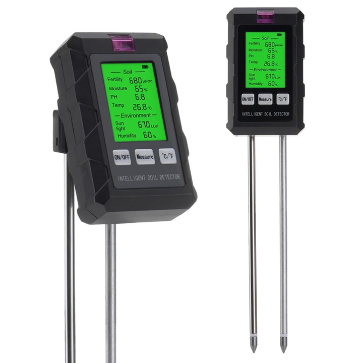 Talajvizsgáló, Rqiurpn, 6 az 1-ben, Termékenység, pH, Hőmérséklet, Páratartalom, Fény és Környezeti Páratartalom, 90°-ban Megvilágított Forgatható LCD Kijelző, Ideális Mezőgazdasághoz és Kertészkedéshez, Fekete