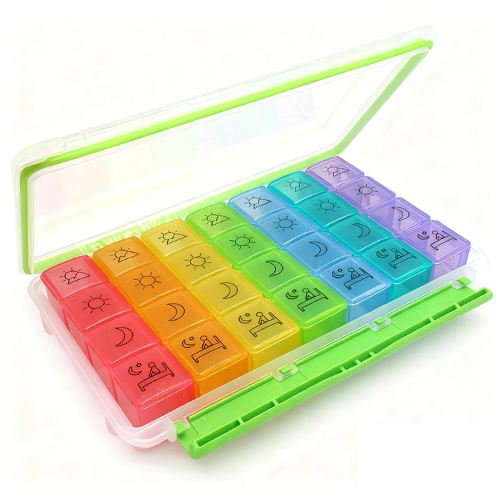Organizator medicamente, Gkllonve®, 28 compartimente, 7 zile, capacitate mare, plastic, multicolor