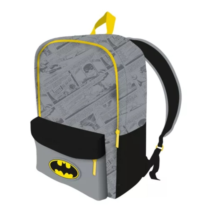 Ghiozdan, model Batman, rucsac scoala, 2 compartimente cu fermoar, buzunar lateral, din poliester, albastru - 41 x 31 x 15 cm