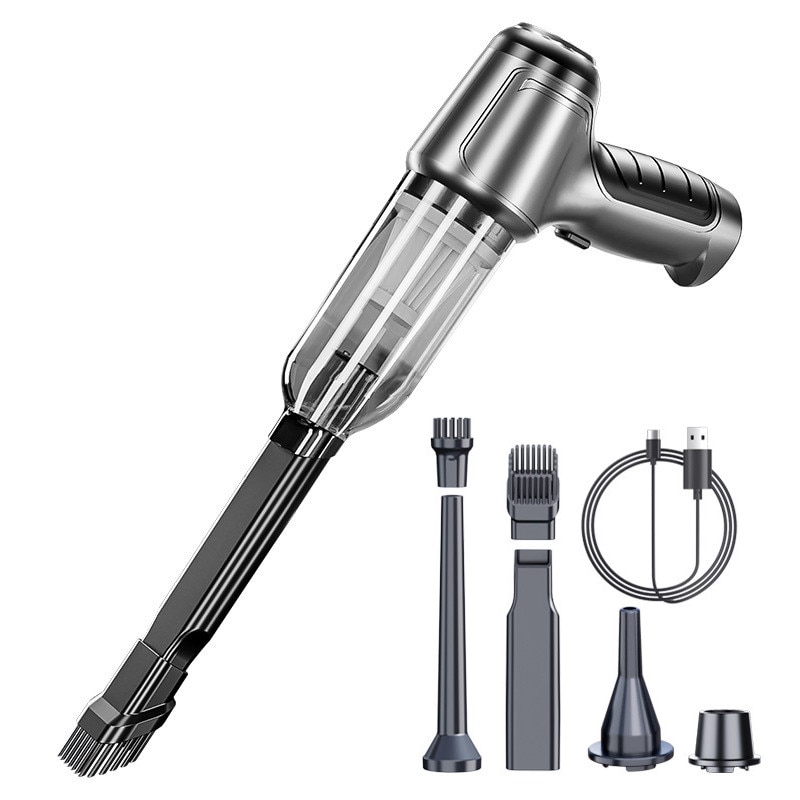 Aspirator de mana Pro, SUITU, portabil fara fir, 3 in 1 aspiratie/flux de aer/etansare, motor fara perii, 2 viteze, 5 accesorii, senzor de incarcare/oprire, 35500 RPM, 63000 Pa, baterii 2x2000Mah, uz rezidential/masina/birou, argintiu