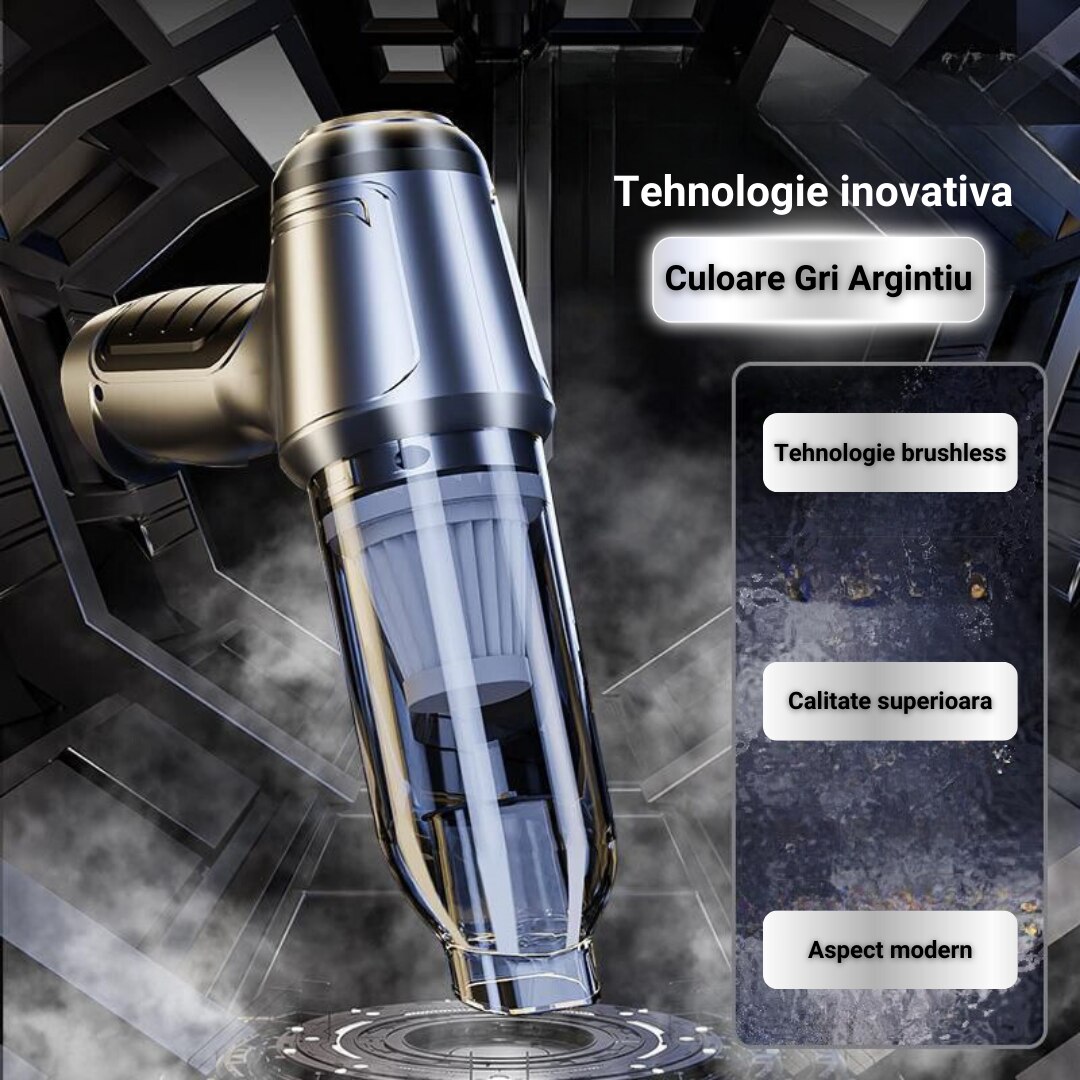 Aspirator de mana Pro, SUITU, portabil fara fir, 3 in 1 aspiratie/flux de aer/etansare, motor fara perii, 2 viteze, 5 accesorii, senzor de incarcare/oprire, 35500 RPM, 63000 Pa, baterii 2x2000Mah, uz rezidential/masina/birou, argintiu