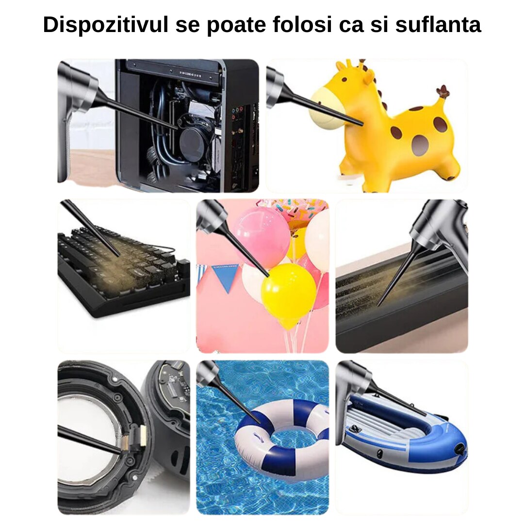 Aspirator de mana Pro, SUITU, portabil fara fir, 3 in 1 aspiratie/flux de aer/etansare, motor fara perii, 2 viteze, 5 accesorii, senzor de incarcare/oprire, 35500 RPM, 63000 Pa, baterii 2x2000Mah, uz rezidential/masina/birou, argintiu