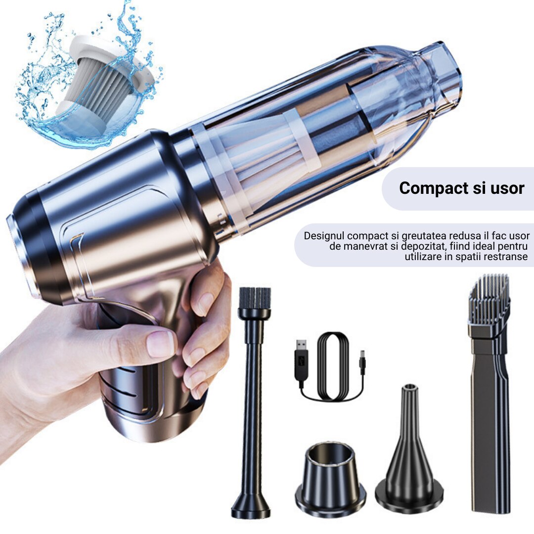 Aspirator de mana Pro, SUITU, portabil fara fir, 3 in 1 aspiratie/flux de aer/etansare, motor fara perii, 2 viteze, 5 accesorii, senzor de incarcare/oprire, 35500 RPM, 63000 Pa, baterii 2x2000Mah, uz rezidential/masina/birou, argintiu