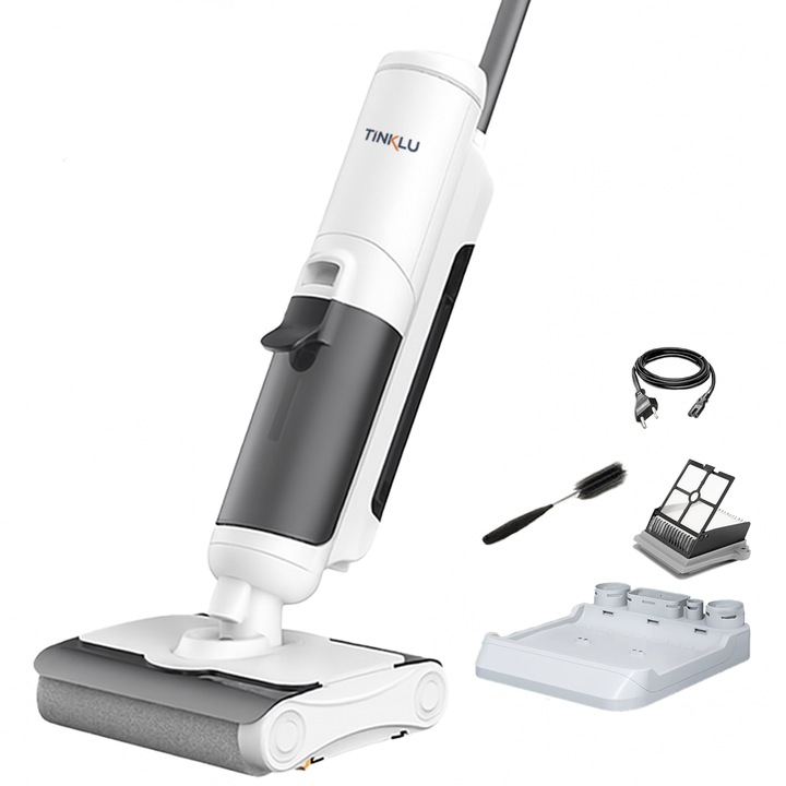 Aspirator Vertical cu Spalare TINKLU, Fara Fir, Aspira si Dezinfecteaza, 15000Pa, Autocuratare si Uscare, Role Duble, Autonomie 40 min, Alb