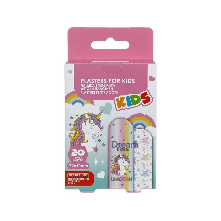 Plasturi pentru Copii, Sterile. Unicorn, 20 bucati, 7.2×1.9cm