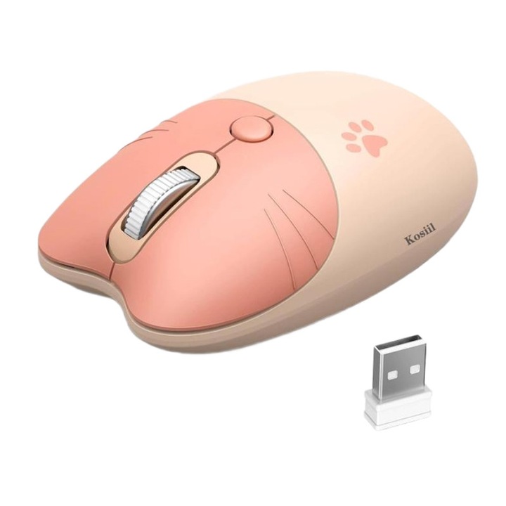 Mouse wireless Kosiil, design pisica, 3 niveluri DPI ajustabile, culoare Milk Tea