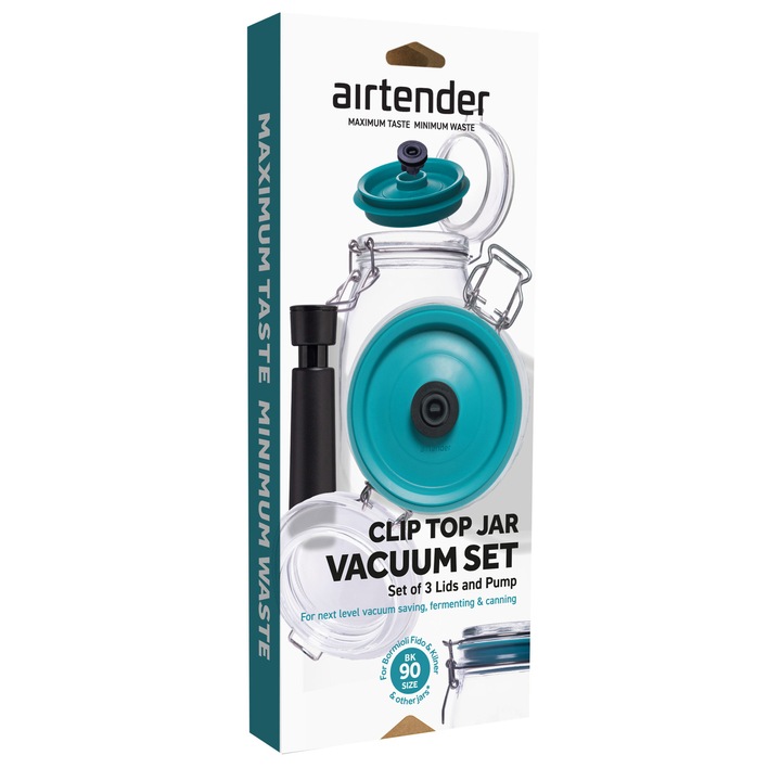 Airtender, Set pentru transformarea borcanelor de sticla cu cleme in recipiente vidate.