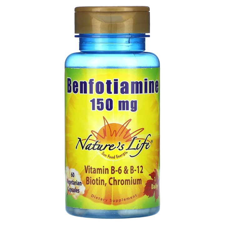 Benfotiamina, Nature's Life, 150 mg, 60 capsule, cu vitamine B-6 & B-12, biotina, crom