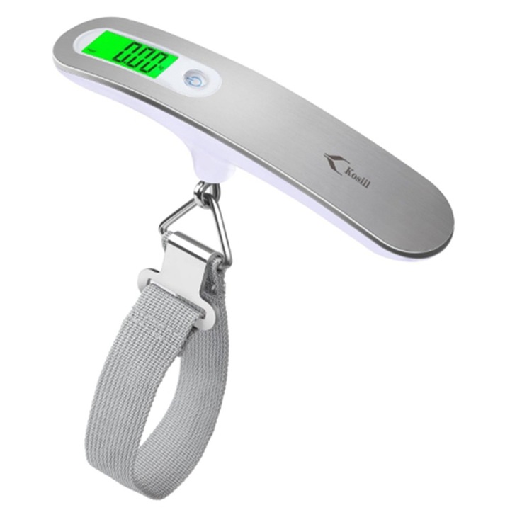 Cantar electronic de bagaje, Kosiil, capacitate 50kg, display LCD, argintiu