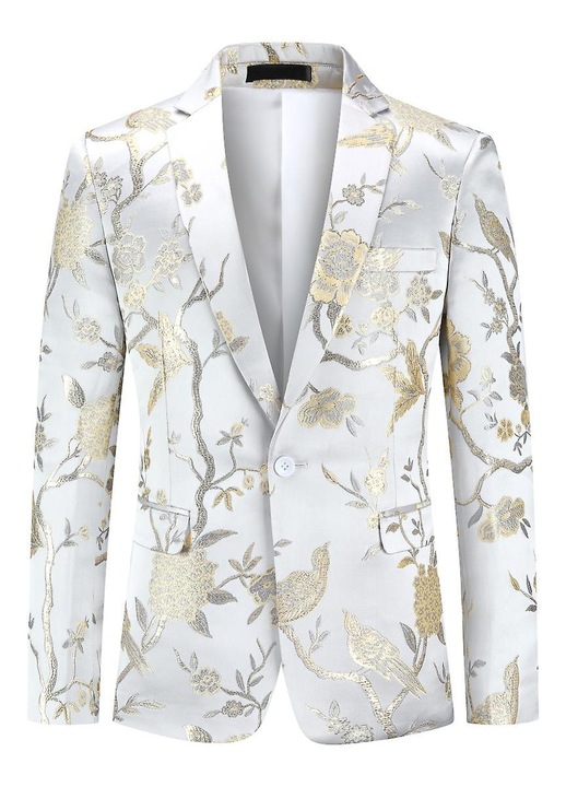 Sacou barbati, slim, un nasture, poliester, alb/auriu, Alb/Auriu, S