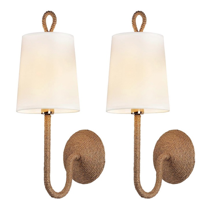 Set 2 Aplice de Perete, Ratan Natural, Design Boho, Abajur din In, Alb/Crem