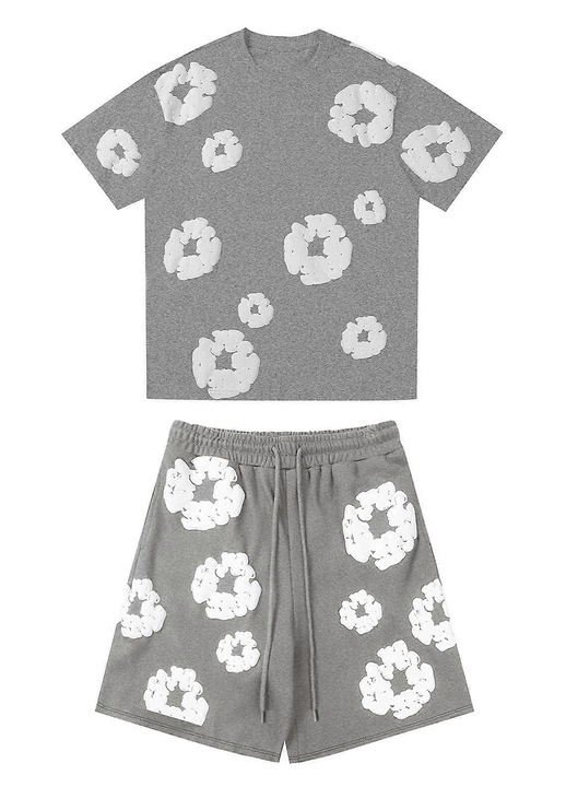 Compleu scurt din doua piese, casual, imprimat, gri, pentru femei si barbati, S INTL