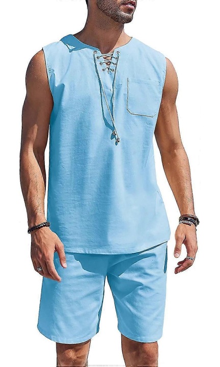 Мъжки плажен комплект, потник с V-образно деколте и къси панталони в тон, 2 части, хипи стил, син