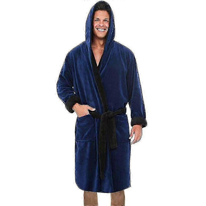 Halat de baie barbati, navy blue, fleece, cu gluga