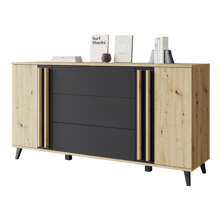 Comoda cu sertare Kegalo 150, MIRJAN 24, negru grafit + stejar artisan, 78x40x150 cm